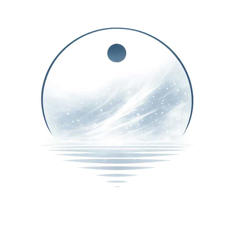 Minimalist Nordic mountain landscape covered by a subtle blizzard with snowy peaks, calm lake reflection, icy blue tones, and wide negative space in a Scandinavian art style.