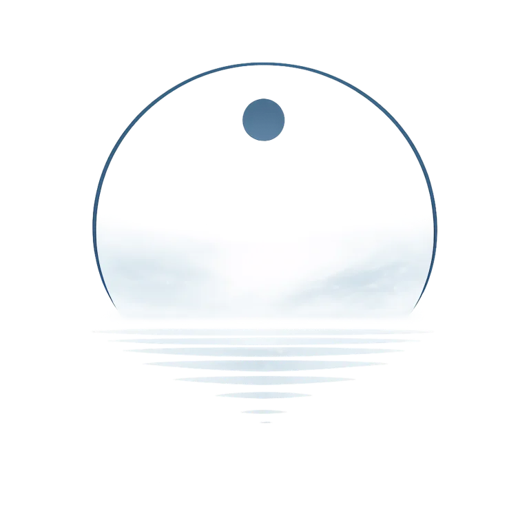Minimalist Nordic whiteout winter landscape with faint mountain silhouettes, soft snow atmosphere, pale blue tones, and a calm lake reflection in a Scandinavian art style.