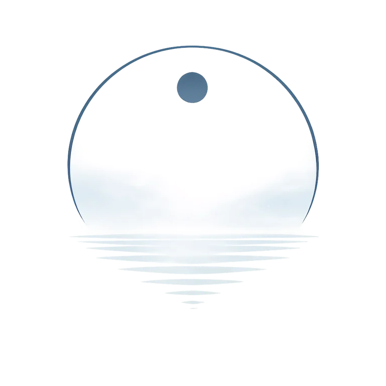 Minimalist Nordic polar landscape with snow-covered mountains, frozen lake reflection, pale blue and white tones, and a quiet Scandinavian winter atmosphere.
