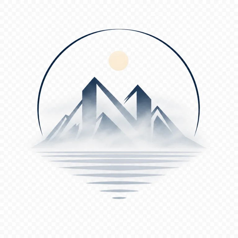 Minimalist Nordic mountain lake landscape covered in soft morning mist with gentle dawn light, calm water reflection, and a quiet Scandinavian atmosphere.