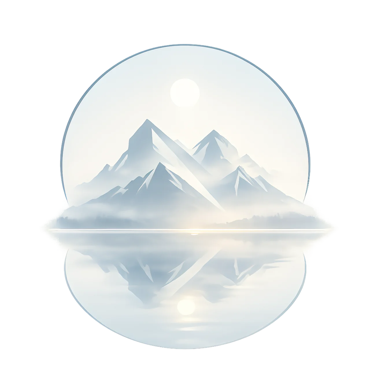 Minimalist Nordic mountain lake landscape showing the first soft northern light reflecting on calm water with blue and white tones, balanced Scandinavian composition.