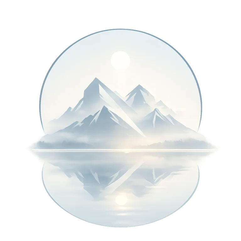 Minimalist Nordic mountain lake landscape showing the first soft northern light reflecting on calm water with blue and white tones, balanced Scandinavian composition.