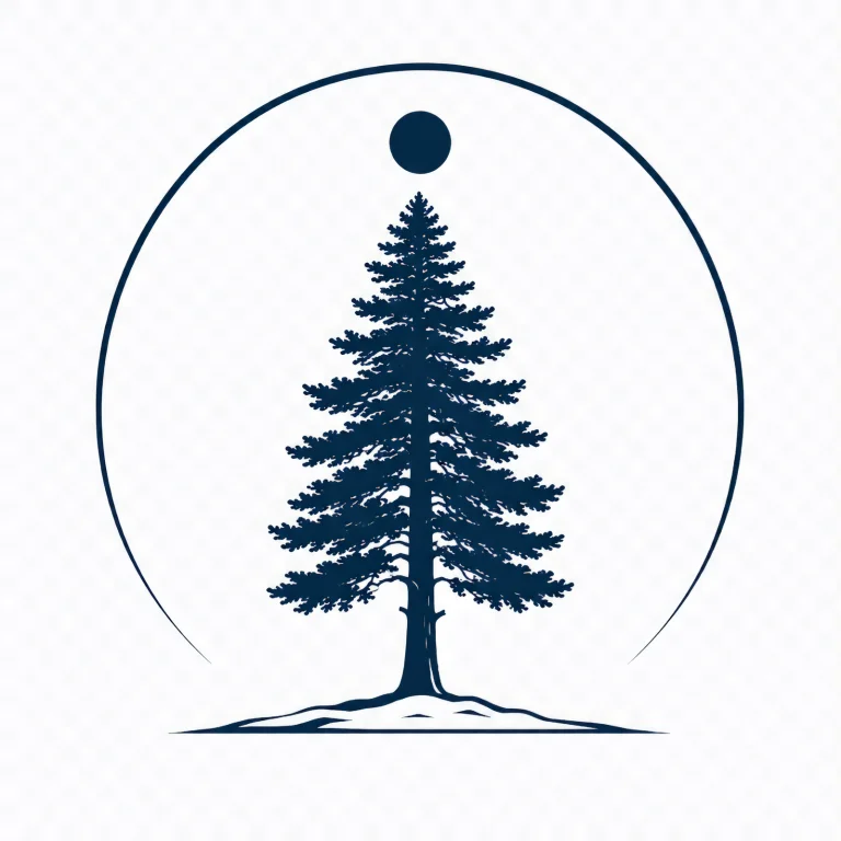 Minimalist Scandinavian Douglas fir tree symbol illustration with a single geometric northern tree centered on a clean background, representing ancient forest memory, stability, and timeless Nordic design.