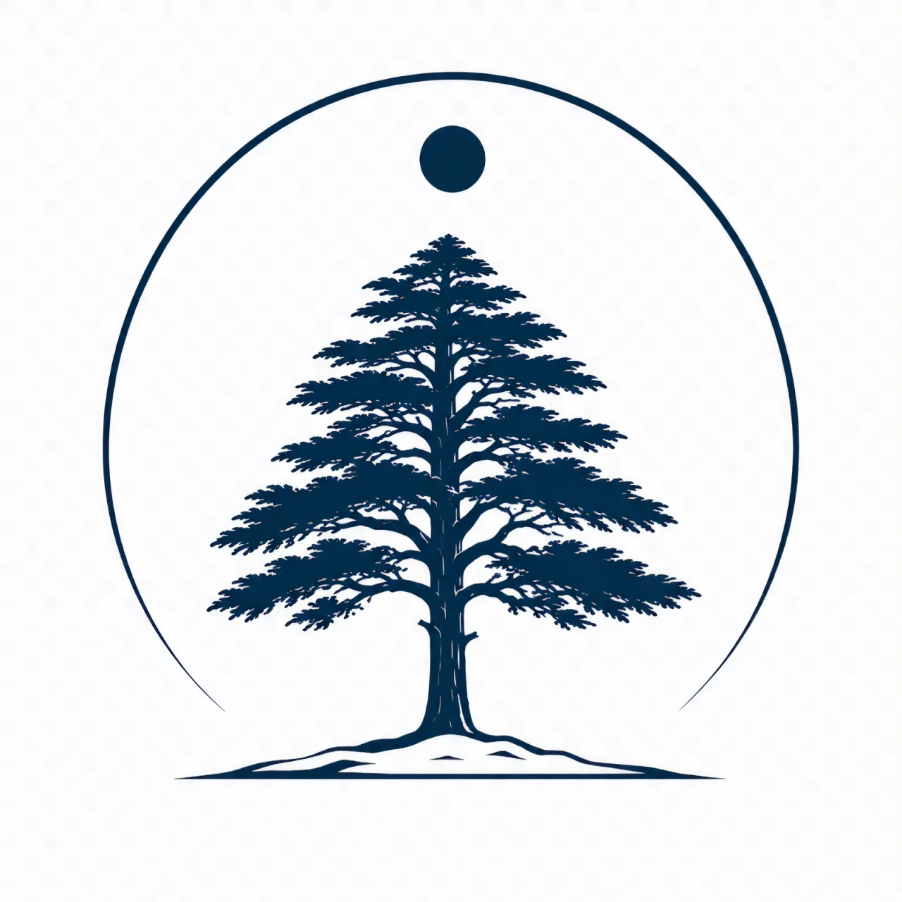 Minimalist Scandinavian cedar tree symbol illustration with a single geometric ancient cedar centered on a clean background, representing timeless nature, forest memory, and Nordic simplicity.