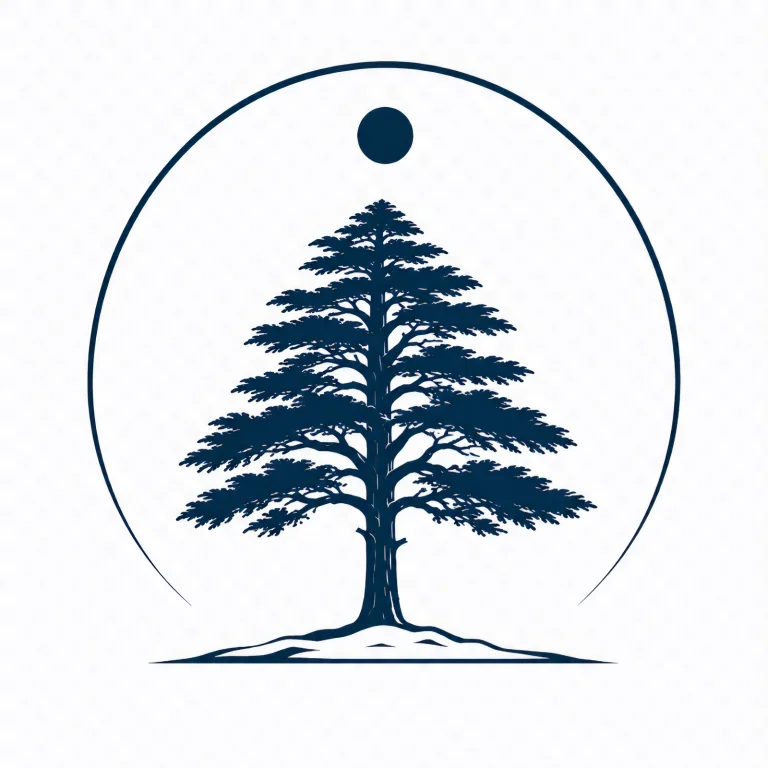 Minimalist Scandinavian cedar tree symbol illustration with a single geometric ancient cedar centered on a clean background, representing timeless nature, forest memory, and Nordic simplicity.