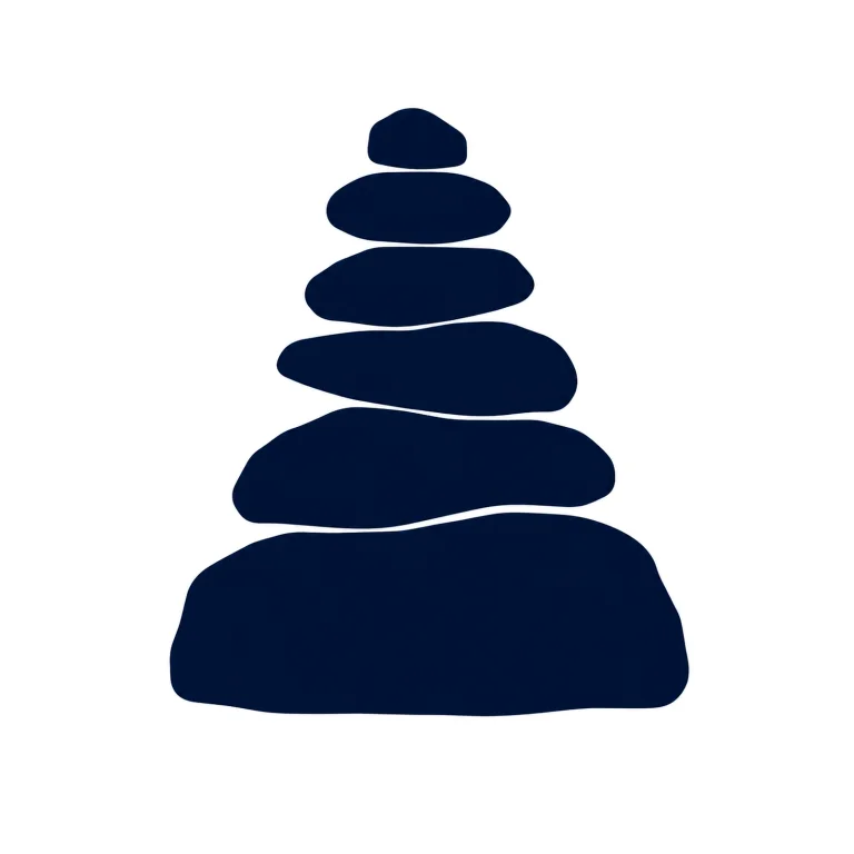 Minimalist Scandinavian cairn illustration featuring a centered stack of balanced stones, muted Nordic colors, clean geometric shapes, and large negative space representing memory, time, and earth.
