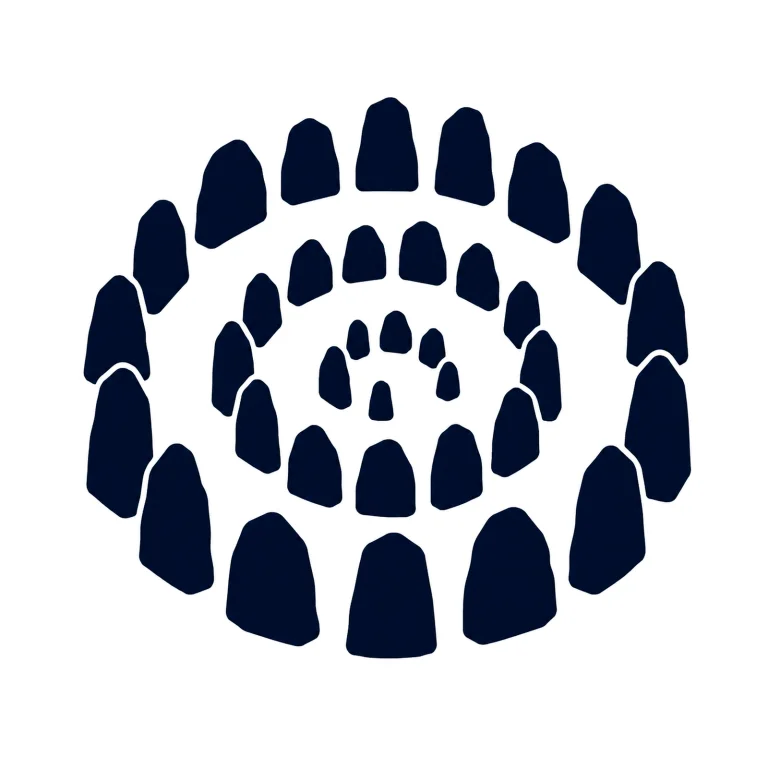 Minimalist Scandinavian stone spiral illustration with a geometric circular stone arrangement, Nordic gray and blue colors, clean vector style, large negative space, and peaceful timeless atmosphere.