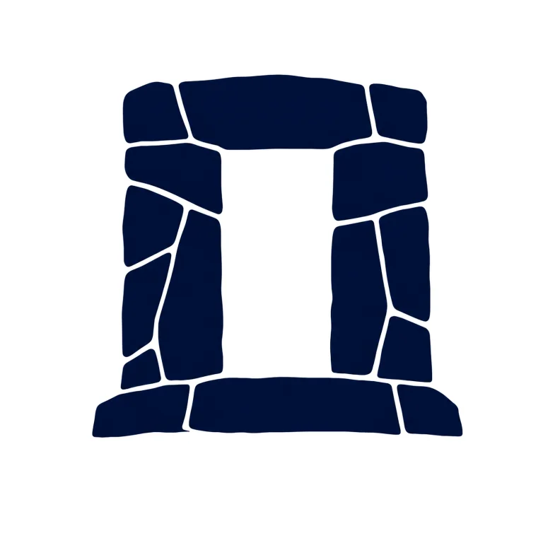 Minimalist Scandinavian stone portal illustration with a balanced geometric stone gateway, Nordic gray and blue colors, clean vector style, large negative space, and peaceful timeless atmosphere.