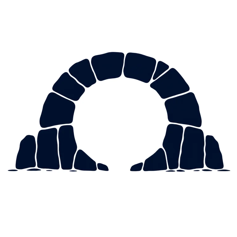 Minimalist Scandinavian stone circle gate illustration with a geometric circular stone gateway, Nordic gray and blue colors, clean vector style, large negative space, and peaceful timeless atmosphere.