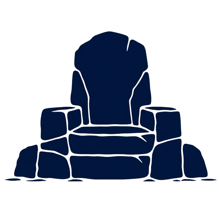 Minimalist Scandinavian stone throne illustration with a natural rock seat structure, Nordic gray and blue colors, clean geometric vector style, large negative space, and timeless peaceful atmosphere.