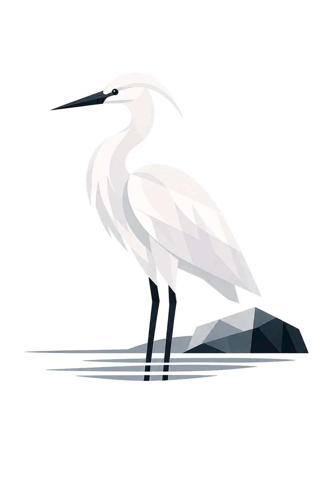 Minimalist Scandinavian white egret symbol illustration with a single elegant bird silhouette, Nordic blue and soft gray colors, clean geometric vector style, large negative space, and peaceful timeless atmosphere.