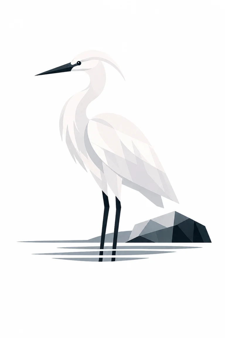Minimalist Scandinavian white egret symbol illustration with a single elegant bird silhouette, Nordic blue and soft gray colors, clean geometric vector style, large negative space, and peaceful timeless atmosphere.