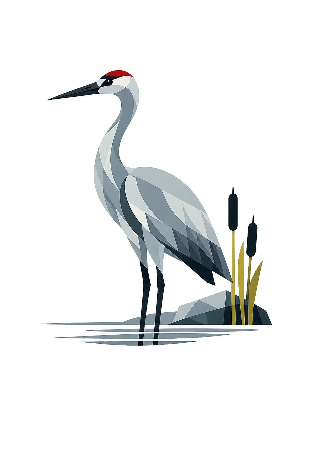 Minimalist Scandinavian sandhill crane symbol illustration with a single elegant bird silhouette, soft gray and Nordic blue colors, clean geometric vector style, large negative space, and peaceful timeless atmosphere.