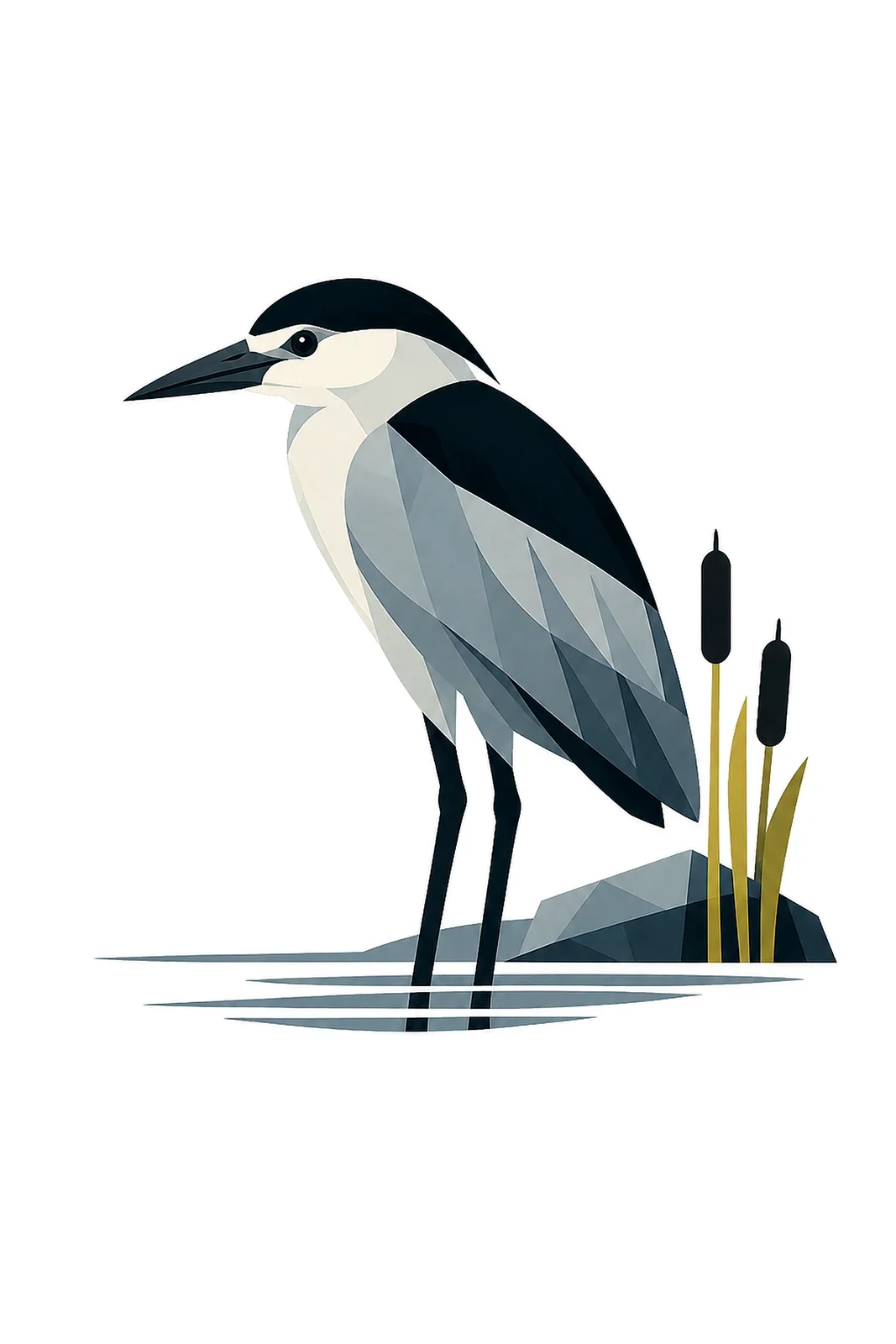 Minimalist Scandinavian illustration of a single Black-crowned Night Heron standing quietly with a geometric silhouette, deep Nordic blue colors, clean vector style, large negative space, and peaceful night atmosphere.