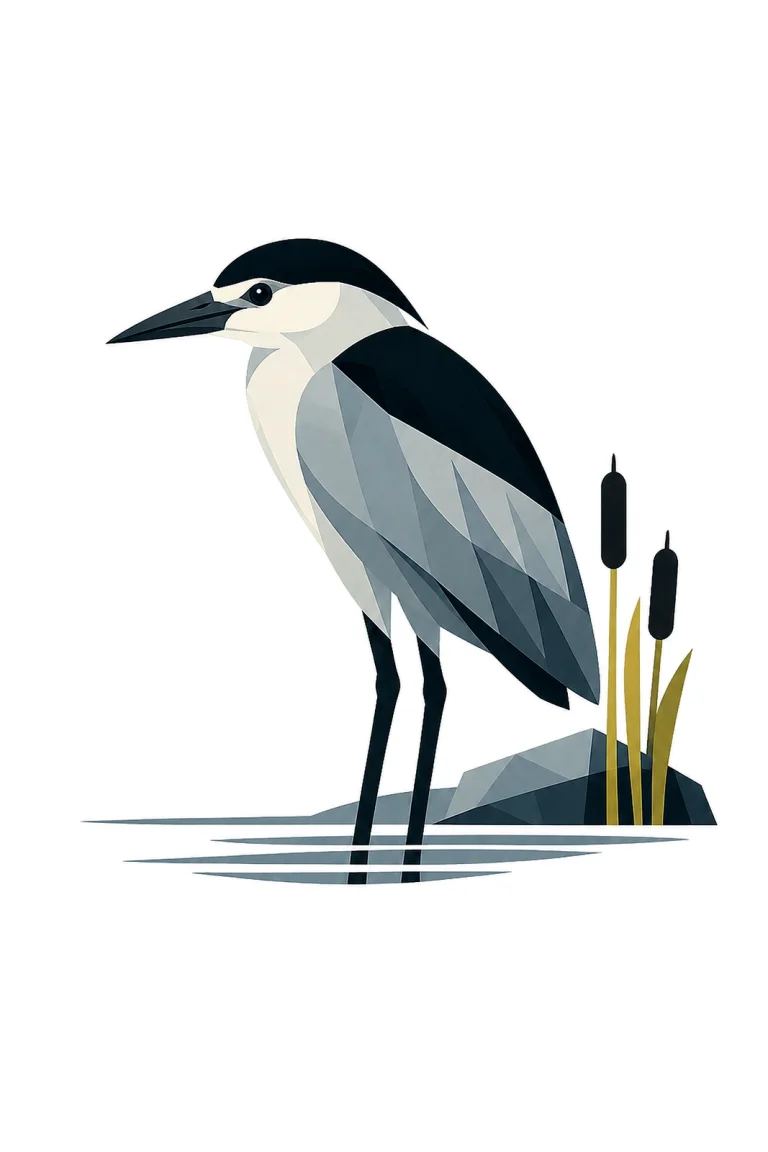Minimalist Scandinavian illustration of a single Black-crowned Night Heron standing quietly with a geometric silhouette, deep Nordic blue colors, clean vector style, large negative space, and peaceful night atmosphere.