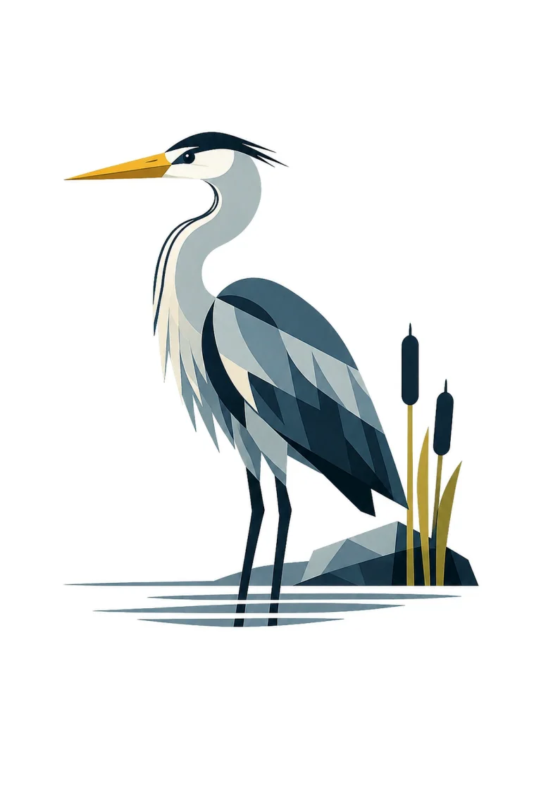 Minimalist Scandinavian illustration of a single Great Blue Heron standing quietly with a geometric silhouette, slate blue gray colors, clean vector style, large negative space, and peaceful Nordic water atmosphere.