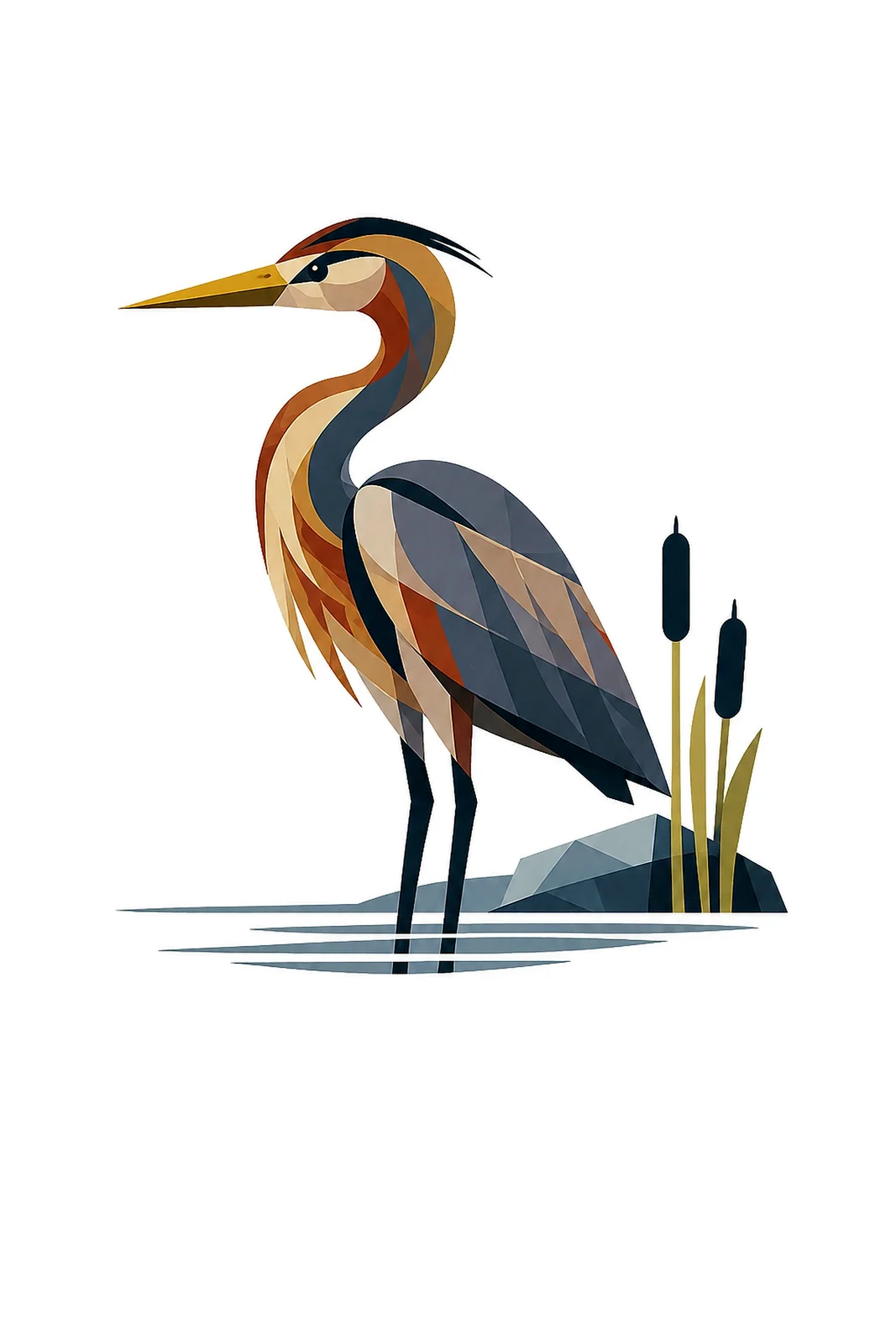Minimalist Scandinavian illustration of a single Purple Heron standing quietly with a geometric silhouette, muted purple gray colors, clean vector style, large negative space, and peaceful Nordic wetland atmosphere.
