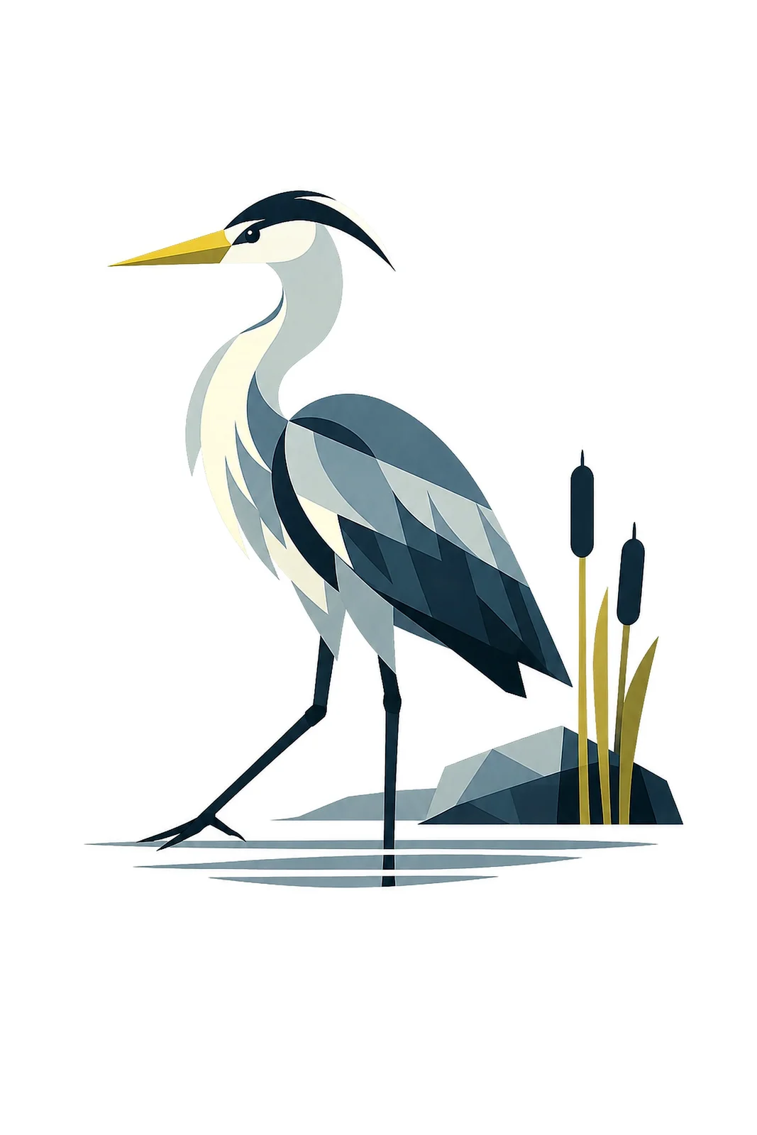 Minimalist Scandinavian illustration of a single Grey Heron shifting its weight quietly with a geometric silhouette, slate gray colors, clean vector style, large negative space, and peaceful Nordic nature atmosphere.