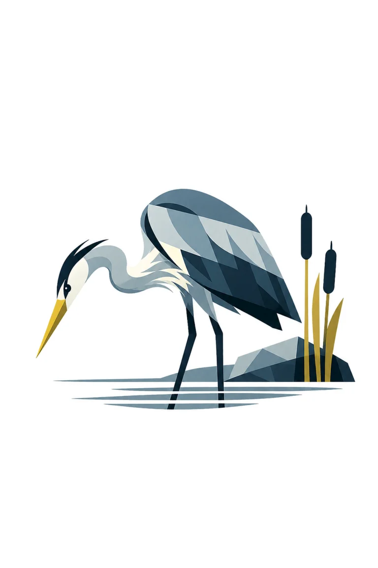 Minimalist Scandinavian illustration of a single Grey Heron in a quiet hunting pose with a lowered head, geometric silhouette, slate gray colors, clean vector style, large negative space, and peaceful Nordic nature atmosphere.