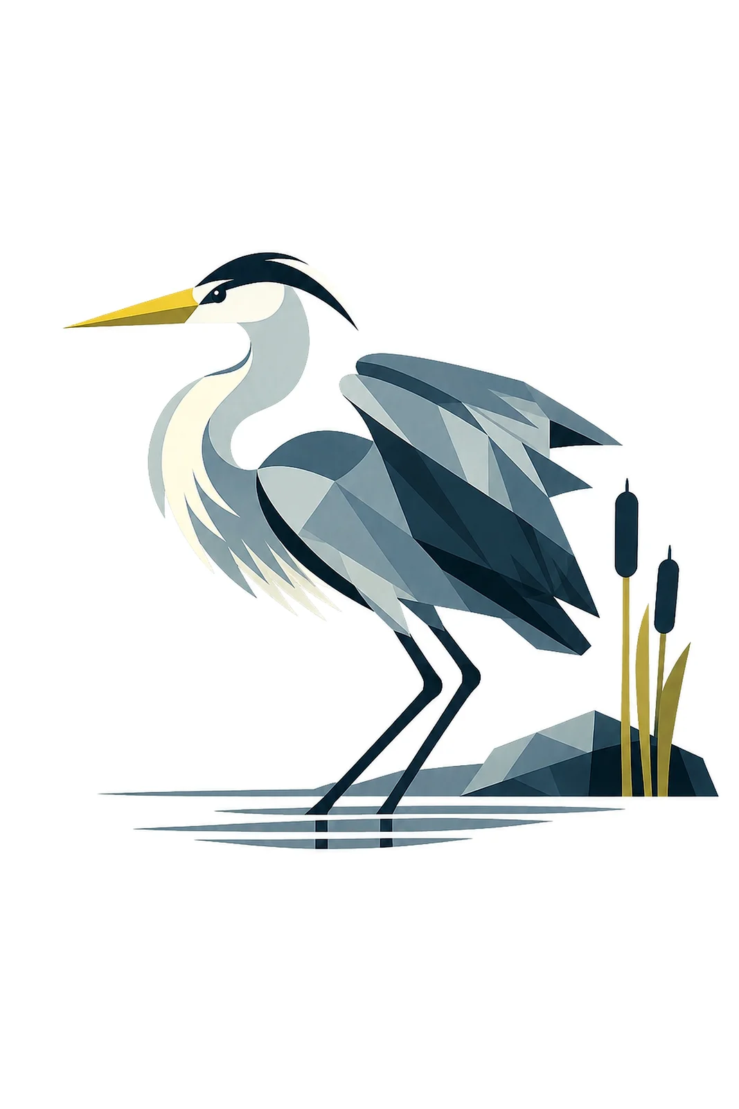 Minimalist Scandinavian illustration of a single Grey Heron preparing to take off with a subtle pre-flight posture, geometric silhouette, slate gray colors, clean vector style, large negative space, and peaceful Nordic nature atmosphere.