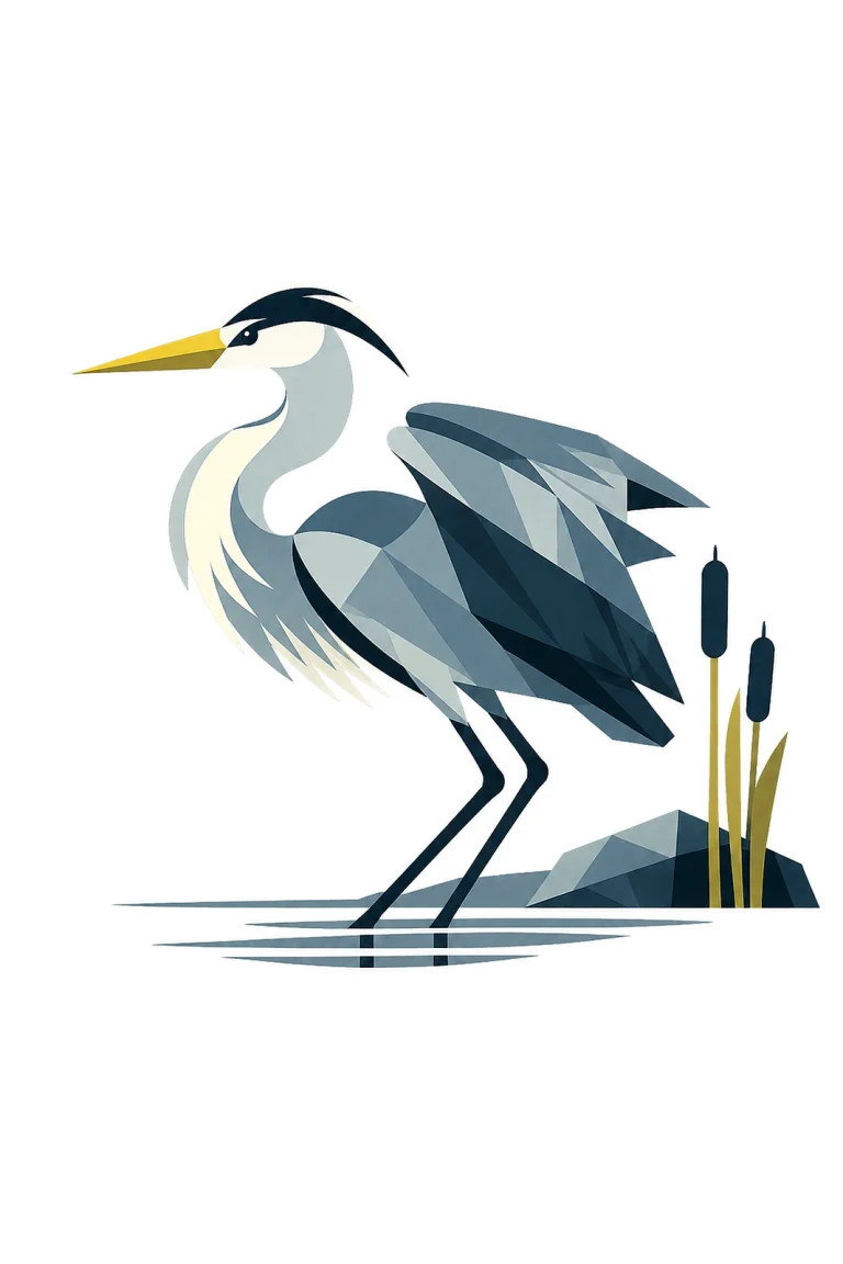 Minimalist Scandinavian illustration of a single Grey Heron preparing to take off with a subtle pre-flight posture, geometric silhouette, slate gray colors, clean vector style, large negative space, and peaceful Nordic nature atmosphere.