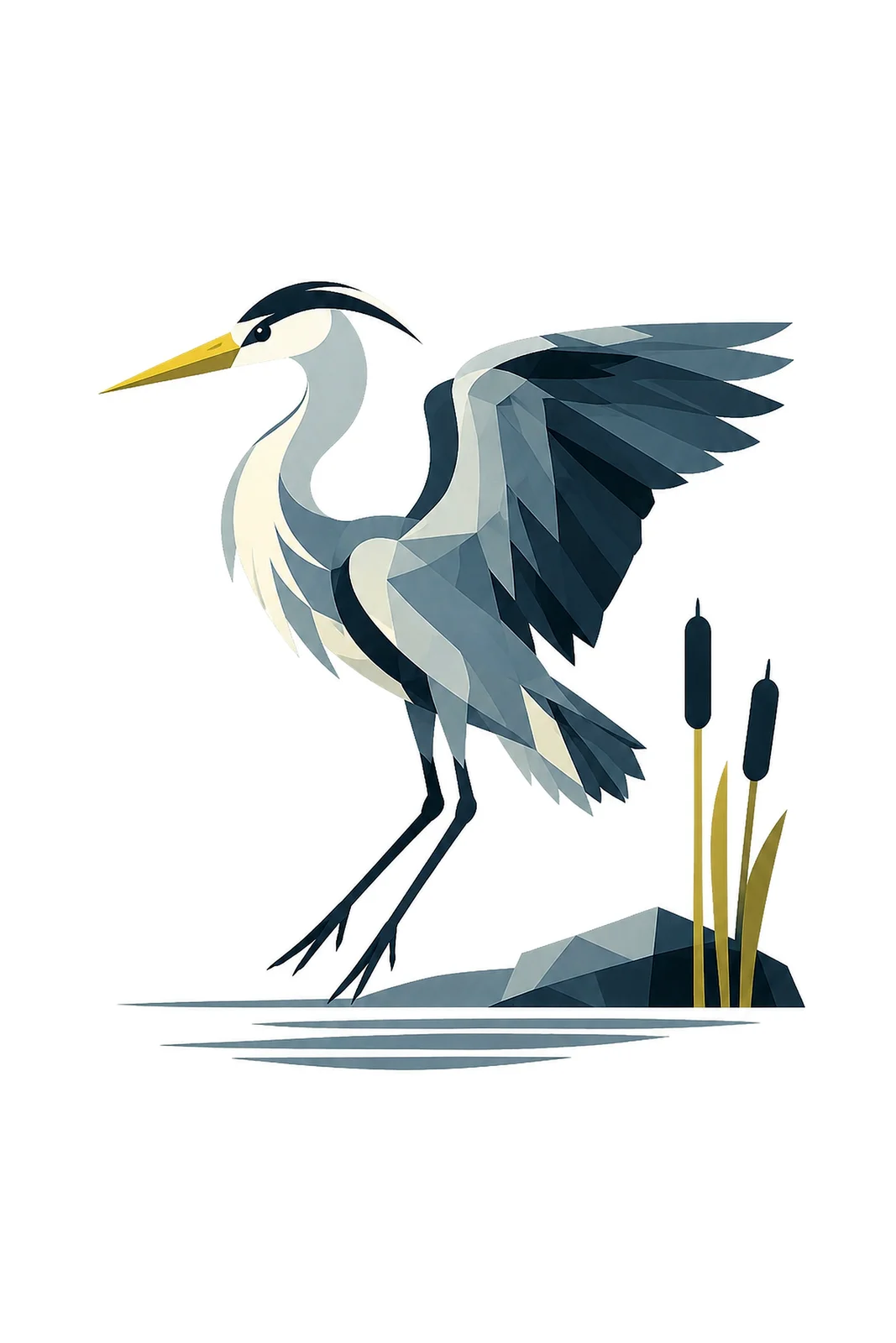 Minimalist Scandinavian illustration of a single Grey Heron approaching a quiet landing with balanced wings and legs, geometric silhouette, slate gray colors, clean vector style, large negative space, and peaceful Nordic nature atmosphere.
