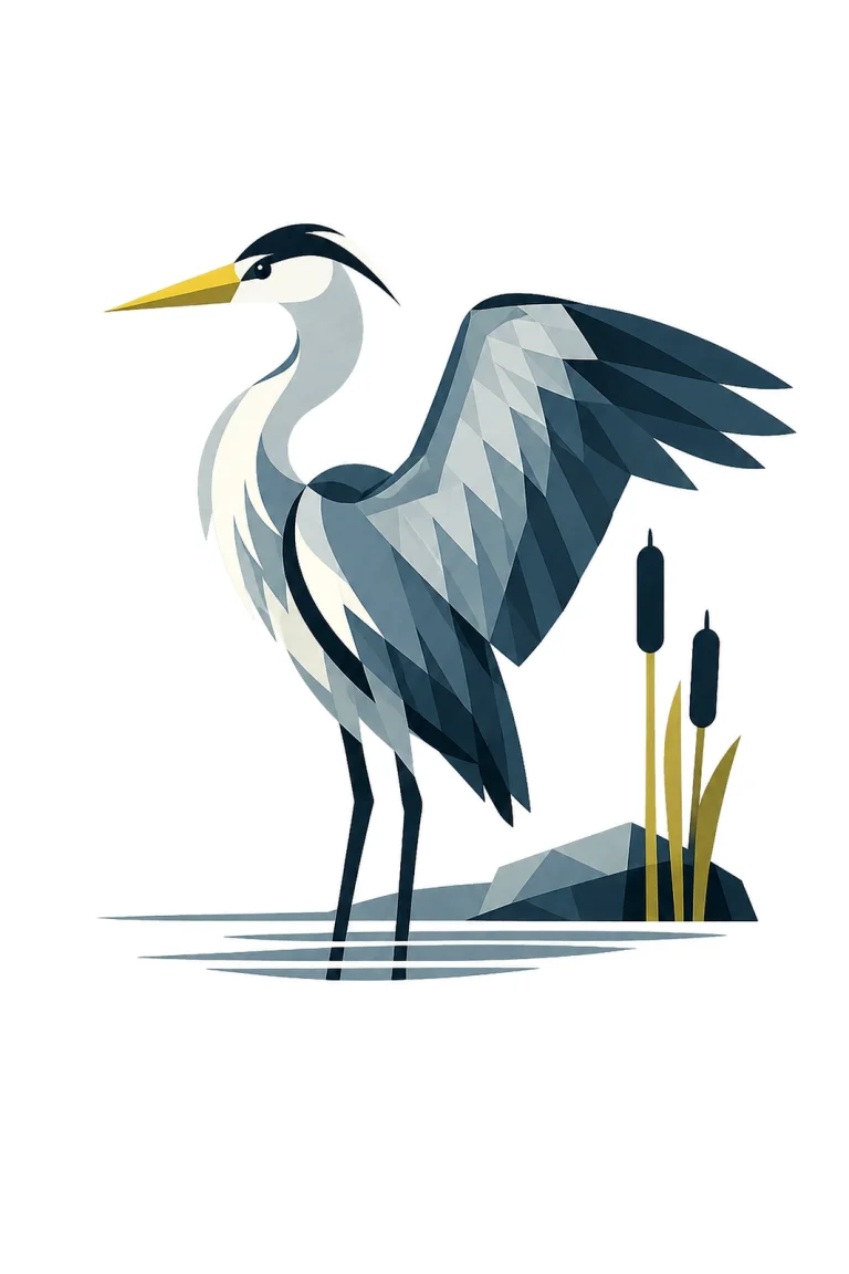 Minimalist Scandinavian illustration of a single Grey Heron gently stretching its wings with a geometric silhouette, slate gray colors, clean vector style, balanced composition, large negative space, and peaceful Nordic nature atmosphere.
