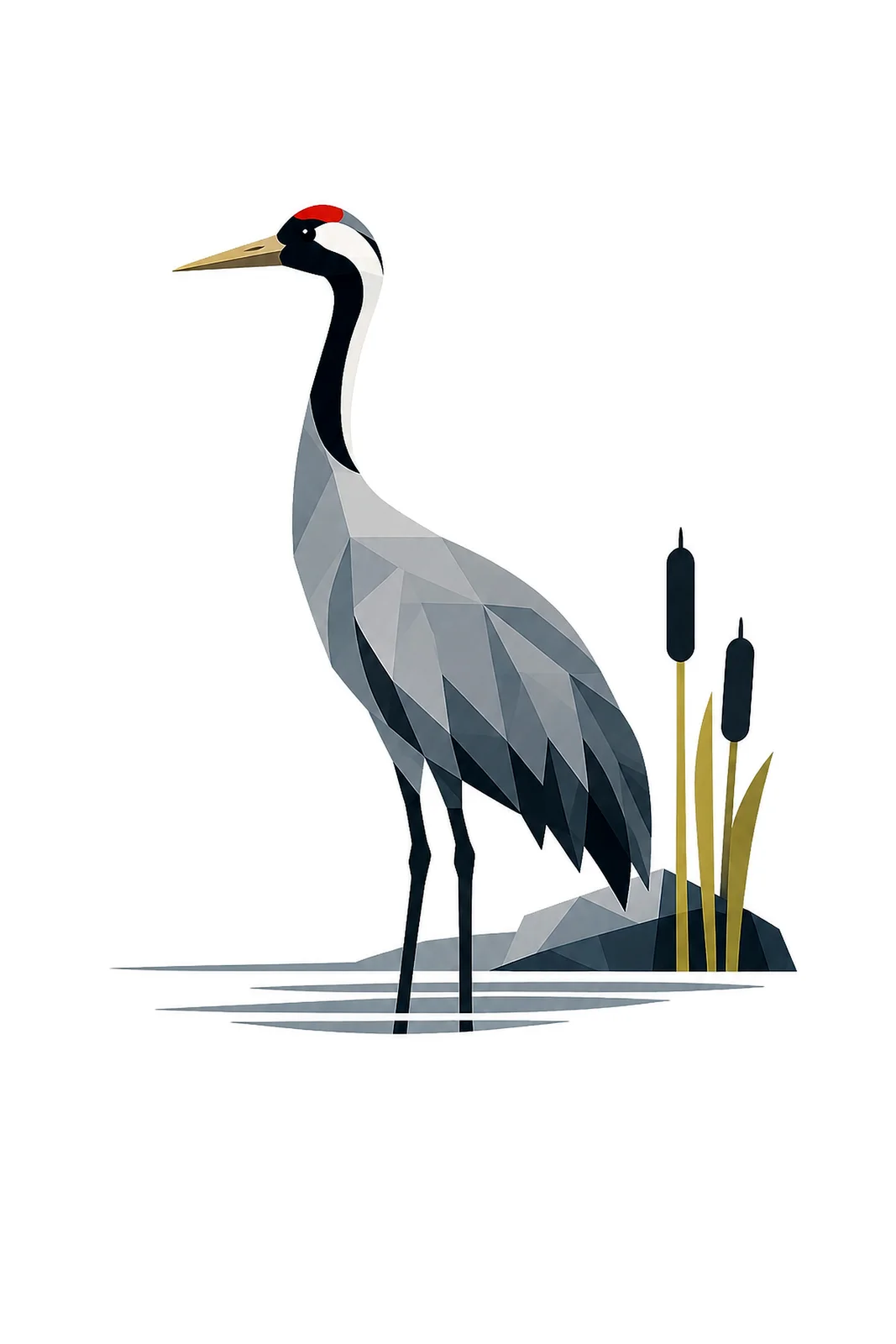Minimalist Scandinavian illustration of a single Common Crane standing quietly with a geometric silhouette, soft gray colors, clean vector style, large negative space, and peaceful Nordic migratory bird atmosphere.