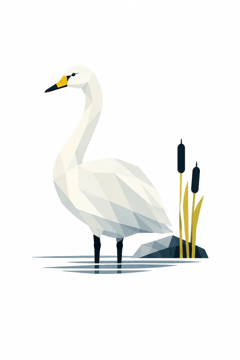 Minimalist Scandinavian illustration of a single Whooper Swan floating quietly with a geometric silhouette, snow white colors, elegant curved neck, clean vector style, large negative space, and peaceful Nordic water atmosphere.