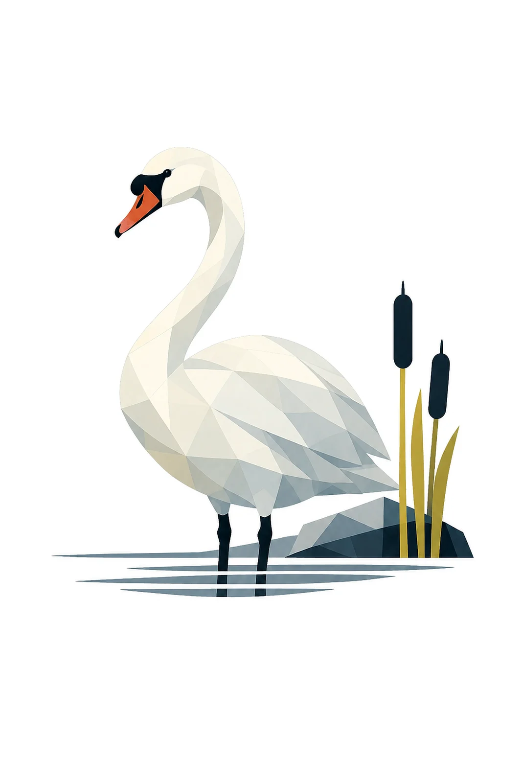 Minimalist Scandinavian illustration of a single Mute Swan floating quietly with a geometric silhouette, snow white colors, elegant curved neck, clean vector style, large negative space, and peaceful Nordic water atmosphere.