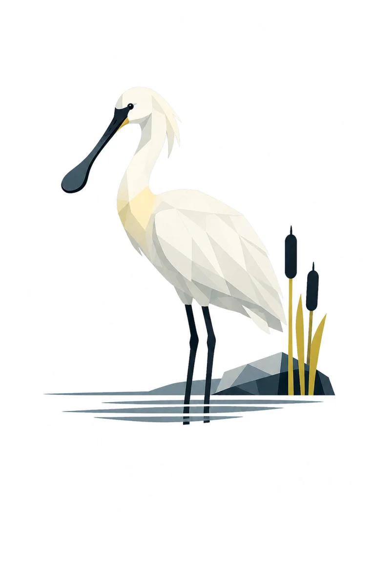 Minimalist Scandinavian illustration of a single Eurasian Spoonbill standing quietly with a geometric silhouette, long elegant bill, snow white colors, clean vector style, large negative space, and peaceful Nordic wetland atmosphere.