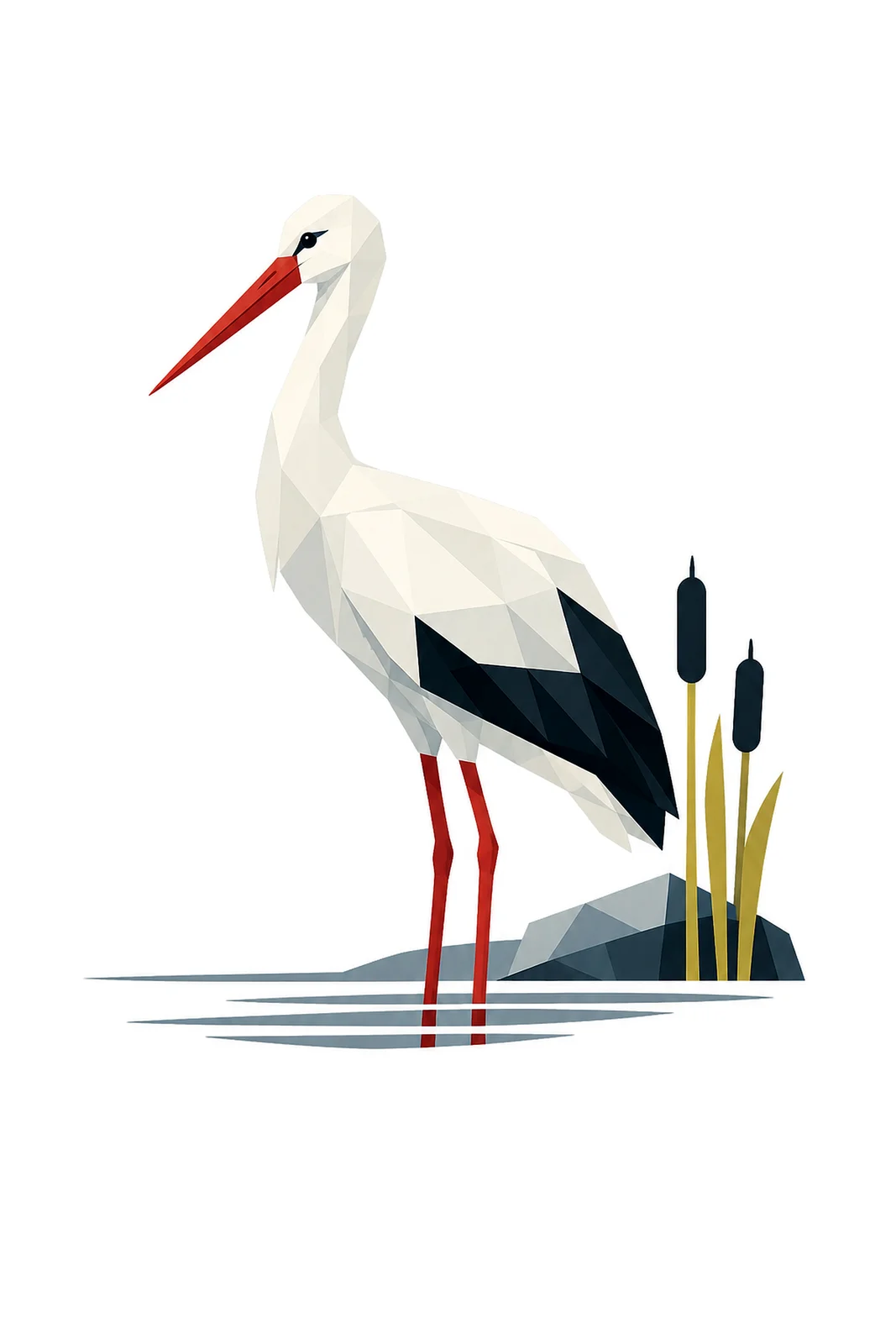 Minimalist Scandinavian illustration of a single White Stork standing quietly with a geometric silhouette, long legs and neck, white and black colors, clean vector style, large negative space, and peaceful Nordic atmosphere.
