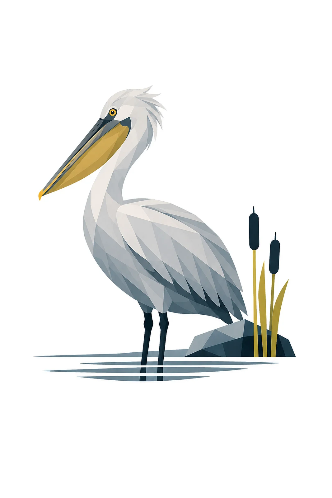 Minimalist Scandinavian illustration of a single Great Egret standing quietly with a geometric silhouette, long neck and legs, white and gray colors, clean vector style, large negative space, and peaceful Nordic water atmosphere.