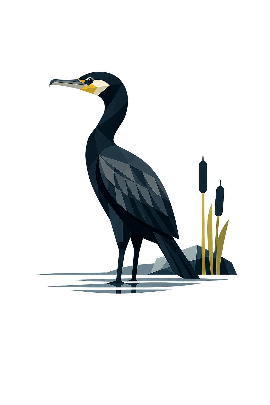 Minimalist Scandinavian illustration of a single American Avocet standing quietly with a geometric silhouette, curved bill, long thin legs, black and white colors, clean vector style, large negative space, and peaceful Nordic water atmosphere.