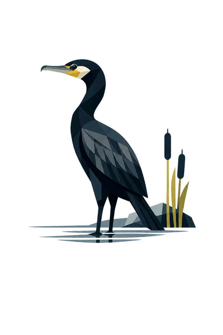 Minimalist Scandinavian illustration of a single American Avocet standing quietly with a geometric silhouette, curved bill, long thin legs, black and white colors, clean vector style, large negative space, and peaceful Nordic water atmosphere.
