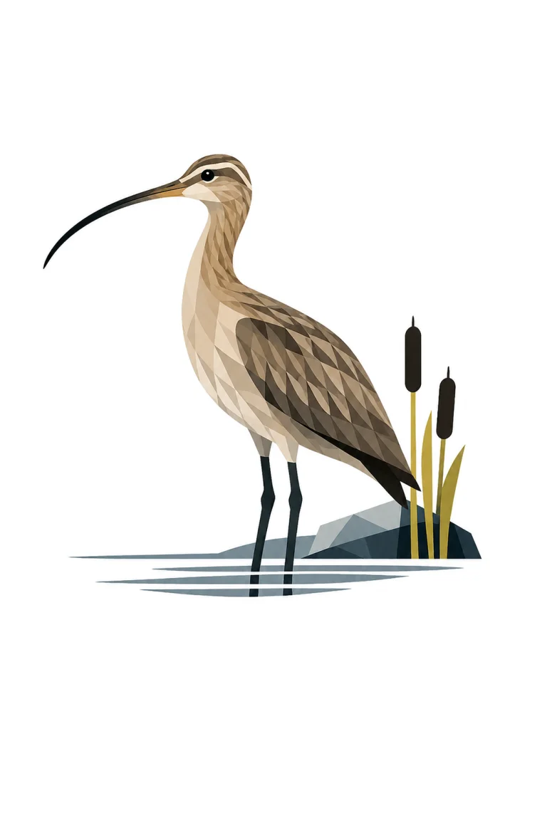 Minimalist Scandinavian illustration of a single Eurasian Curlew standing quietly with a geometric silhouette, long curved bill, soft gray and blue colors, clean vector style, large negative space, and peaceful Nordic coastal atmosphere.