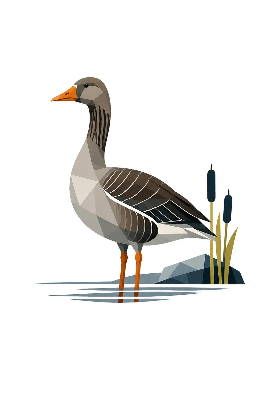 Minimalist Scandinavian illustration of a single Greylag Goose standing quietly with a rounded geometric silhouette, soft gray and blue colors, clean vector style, large negative space, and peaceful Nordic nature aesthetic.