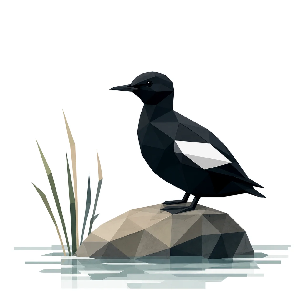 Minimalist Scandinavian illustration of a single Black Guillemot with a compact rounded silhouette, black and white geometric design, subtle Nordic colors, clean vector style, large negative space, and calm northern ocean aesthetic.