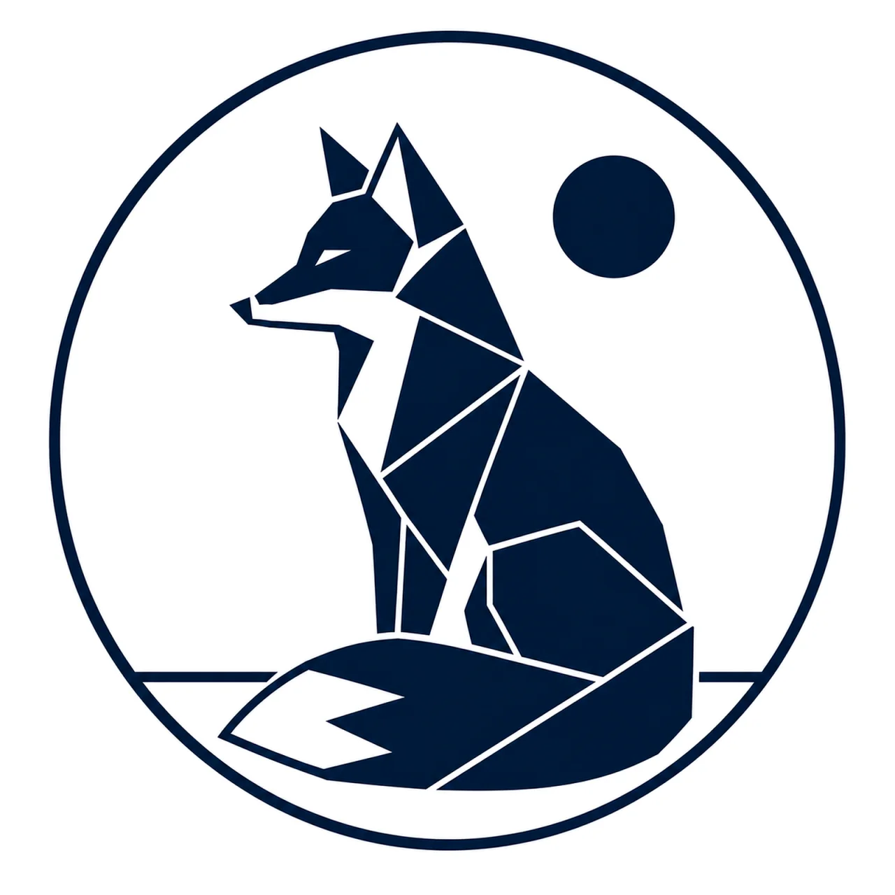 Minimalist Scandinavian fox emblem design featuring a geometric fox head inside a circular frame, dark charcoal and Nordic orange palette, clean vector style, symmetrical composition, premium logo aesthetic, and large negative space.