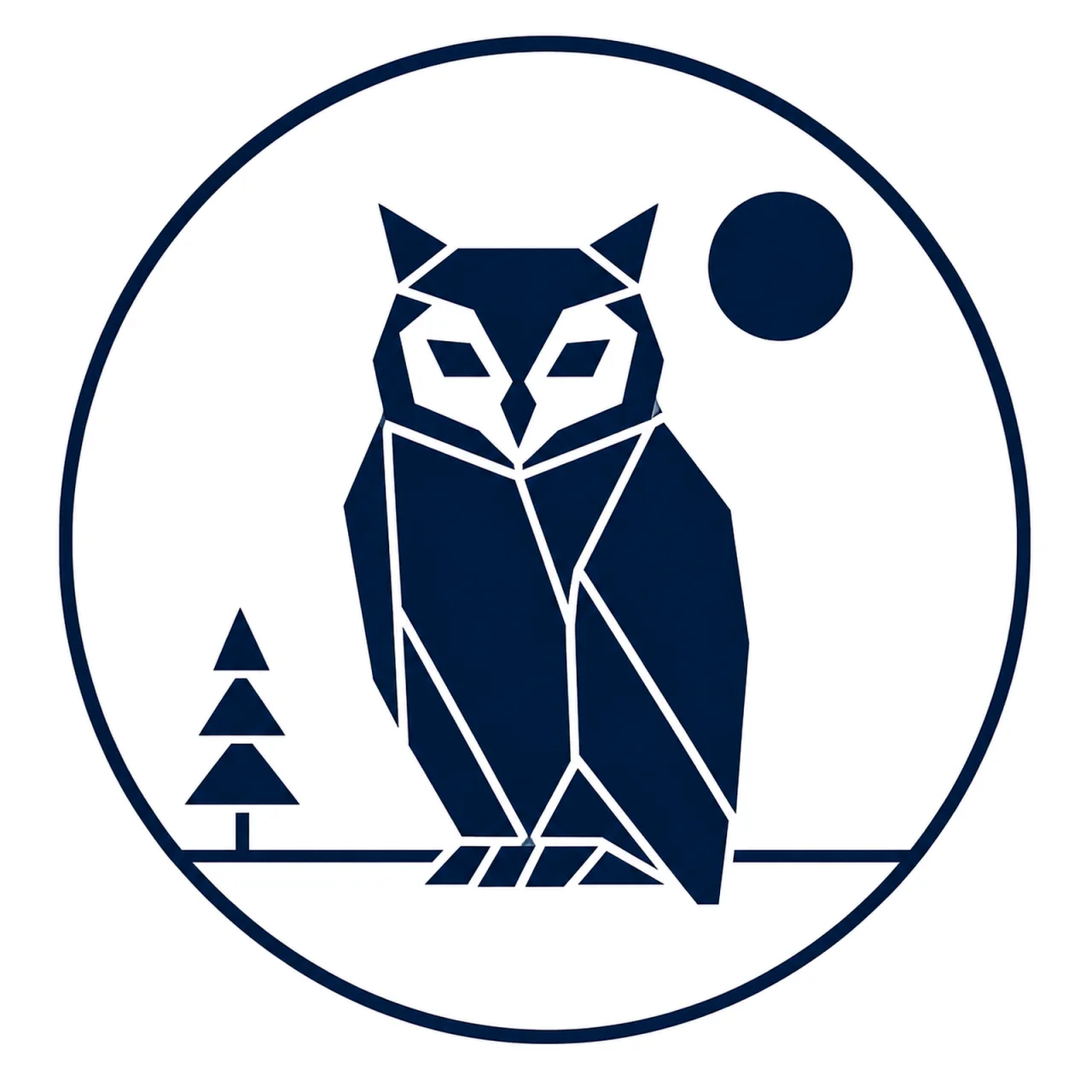 Minimalist Scandinavian owl emblem design featuring a geometric owl face inside a circular frame, deep charcoal and soft gray palette, symmetrical vector style, premium logo aesthetic, clean Nordic design, and large negative space.