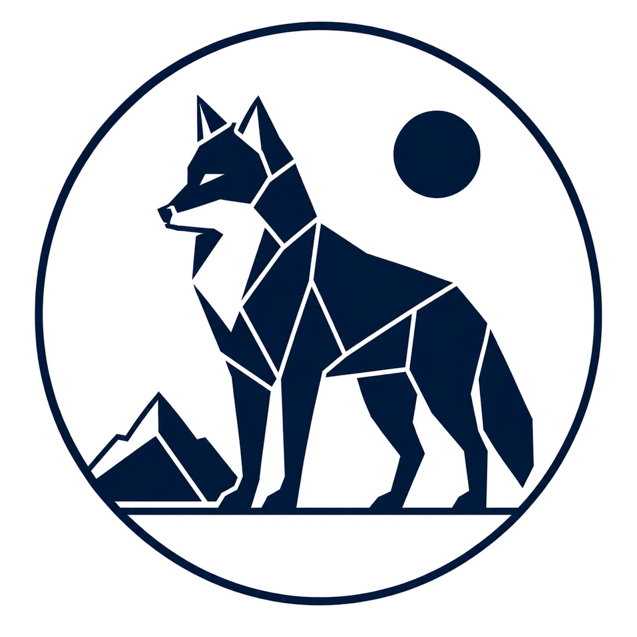 Minimalist Scandinavian wolf emblem design featuring a geometric wolf head inside a circular frame, deep charcoal and soft gray palette, symmetrical vector style, premium logo aesthetic, clean Nordic design, and timeless wilderness symbolism.