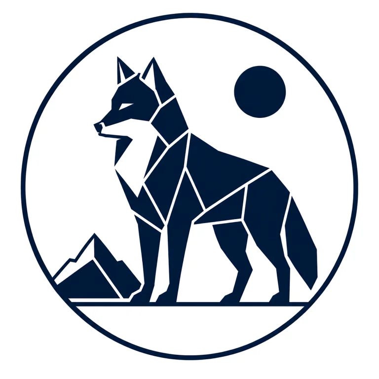 Minimalist Scandinavian wolf emblem design featuring a geometric wolf head inside a circular frame, deep charcoal and soft gray palette, symmetrical vector style, premium logo aesthetic, clean Nordic design, and timeless wilderness symbolism.
