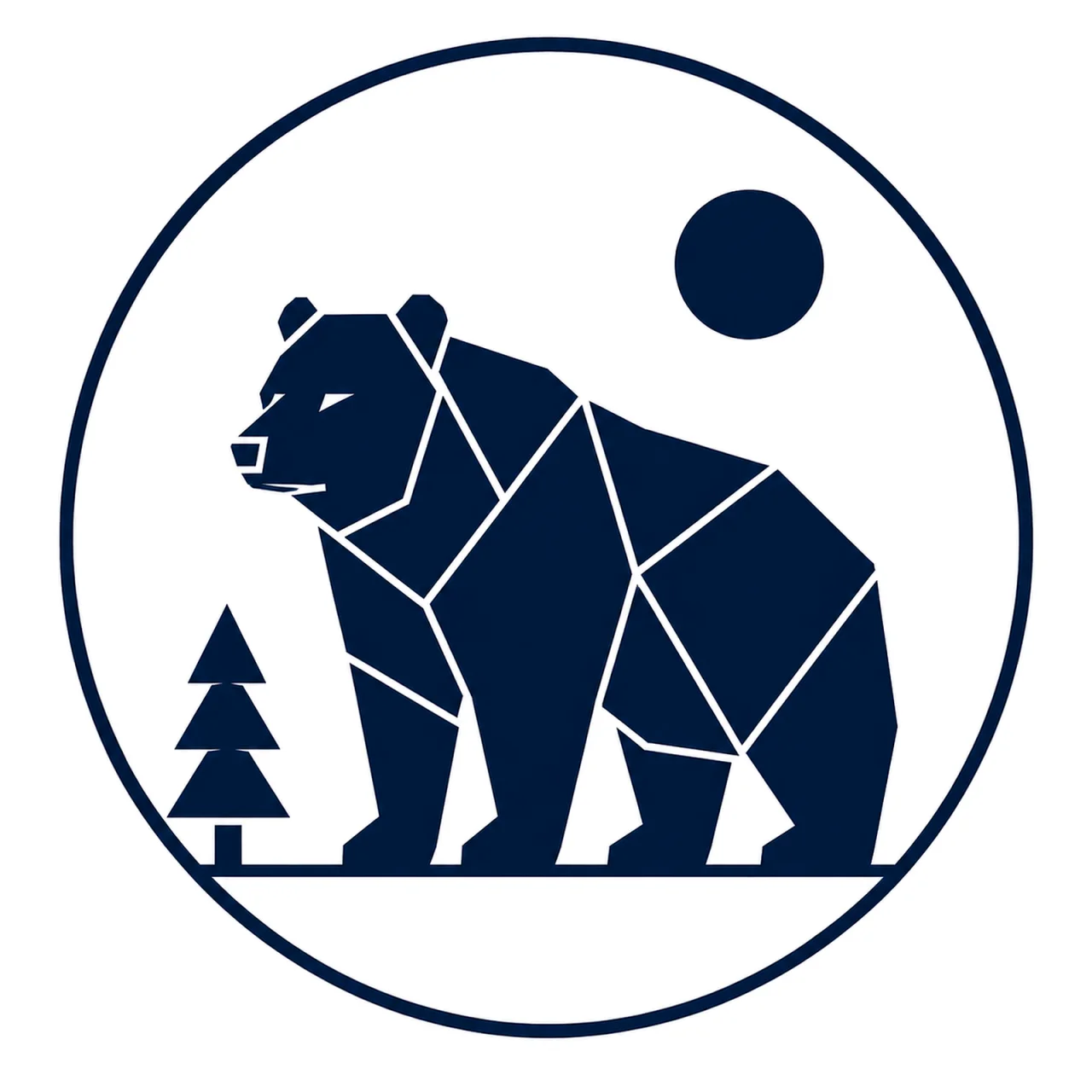 Minimalist Scandinavian bear emblem design featuring a geometric bear head inside a circular frame, deep brown and charcoal palette, symmetrical vector style, premium logo aesthetic, clean Nordic design, and timeless wilderness symbolism.