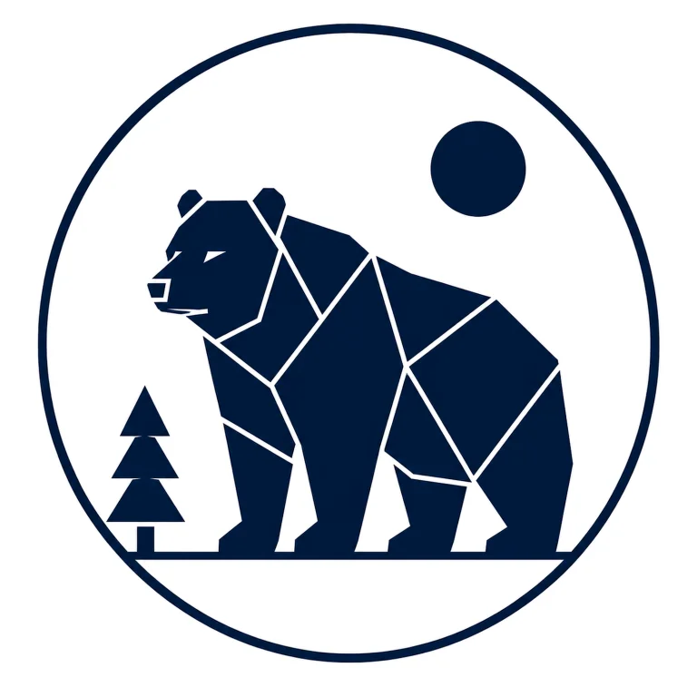 Minimalist Scandinavian bear emblem design featuring a geometric bear head inside a circular frame, deep brown and charcoal palette, symmetrical vector style, premium logo aesthetic, clean Nordic design, and timeless wilderness symbolism.
