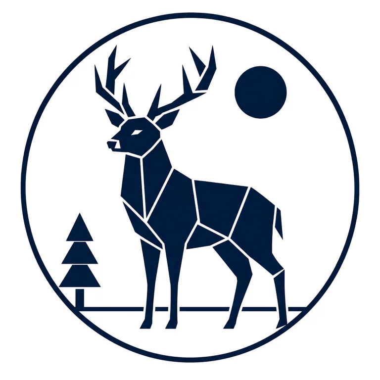 Minimalist Scandinavian deer emblem design featuring an elegant deer head with simple antlers inside a circular frame, geometric vector style, brown and charcoal palette, premium Nordic logo aesthetic, and timeless forest symbolism.