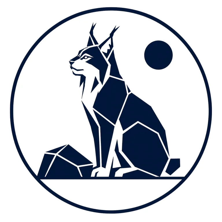 Minimalist Scandinavian lynx emblem design featuring a geometric lynx head with distinctive ear tufts inside a circular frame, charcoal and gray palette, premium Nordic logo aesthetic, and timeless northern forest symbolism.