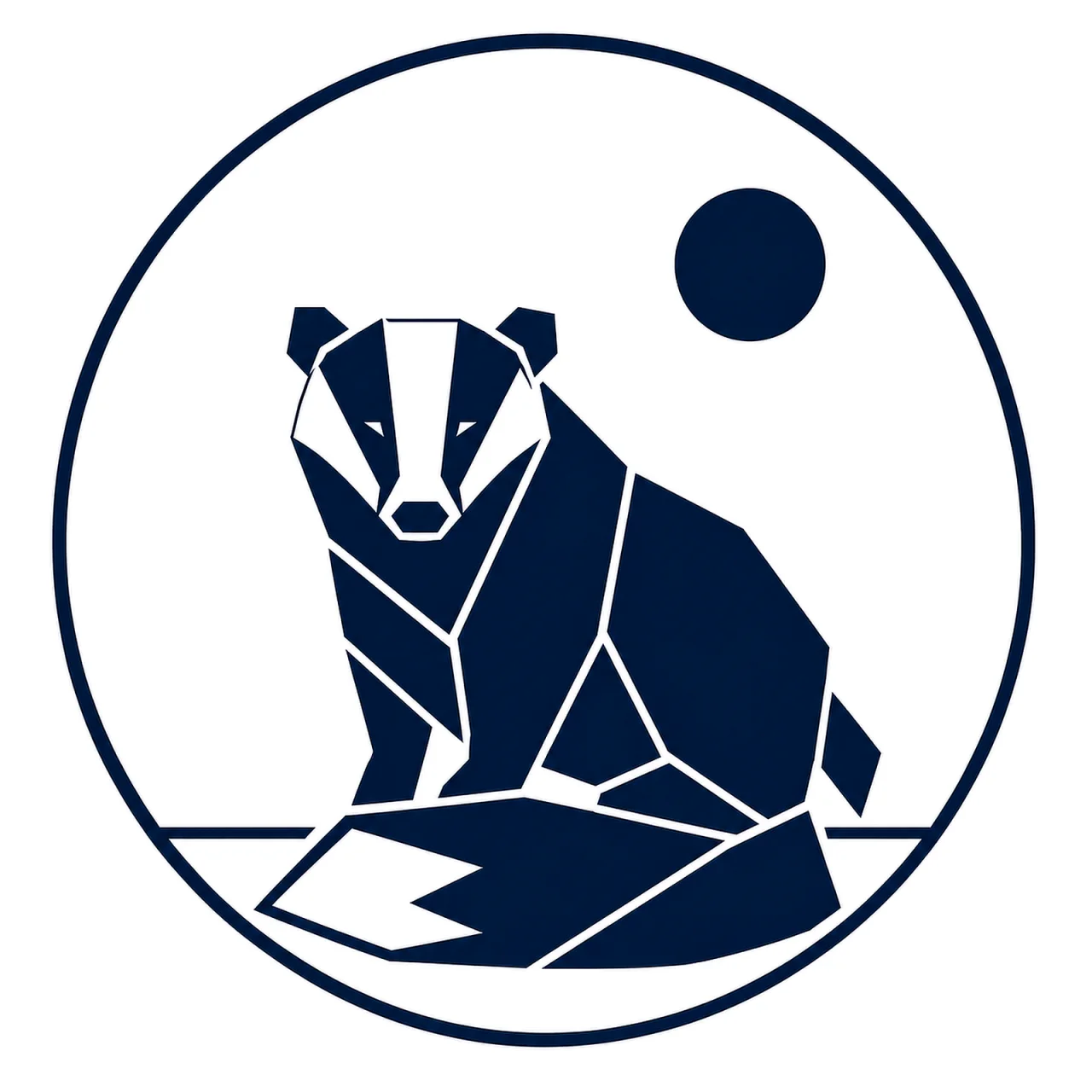Minimalist Scandinavian badger emblem design featuring a geometric badger head with distinctive facial stripes inside a circular frame, charcoal and warm gray palette, premium Nordic logo aesthetic, and timeless northern wildlife symbolism.