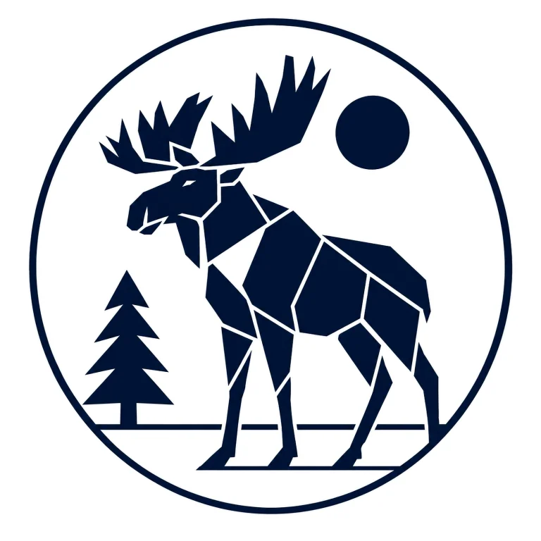 Minimalist Scandinavian moose emblem design featuring a geometric moose head with large simplified antlers inside a circular frame, deep brown and charcoal palette, premium Nordic logo aesthetic, and timeless northern wilderness symbolism.