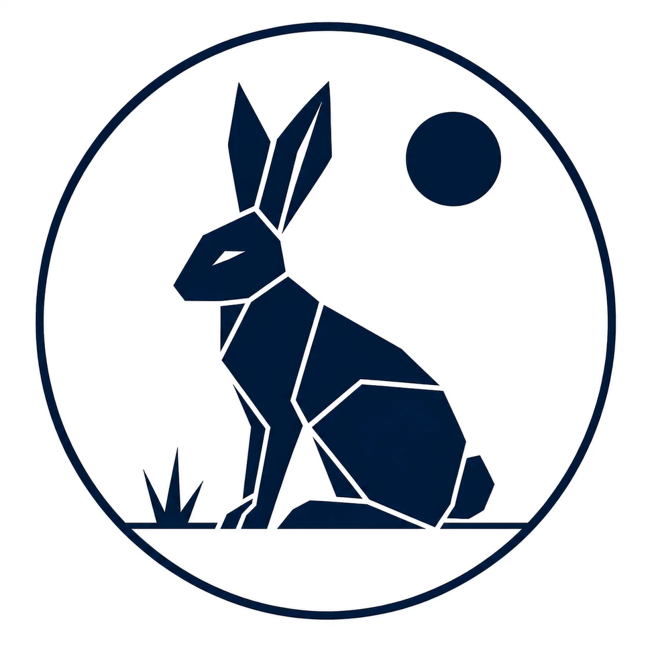 Minimalist Scandinavian hare emblem design featuring a geometric hare silhouette with long ears inside a circular frame, soft gray and charcoal palette, premium Nordic logo aesthetic, and timeless northern wilderness symbolism.