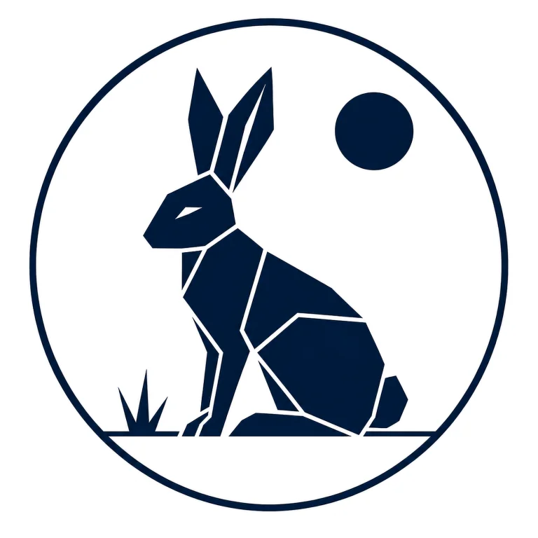 Minimalist Scandinavian hare emblem design featuring a geometric hare silhouette with long ears inside a circular frame, soft gray and charcoal palette, premium Nordic logo aesthetic, and timeless northern wilderness symbolism.